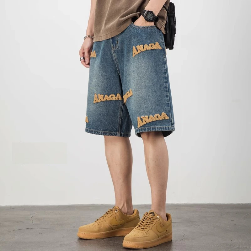 大码夏季薄款水洗牛仔短裤男刺绣宽松直筒中裤美式嘻哈休闲五分裤