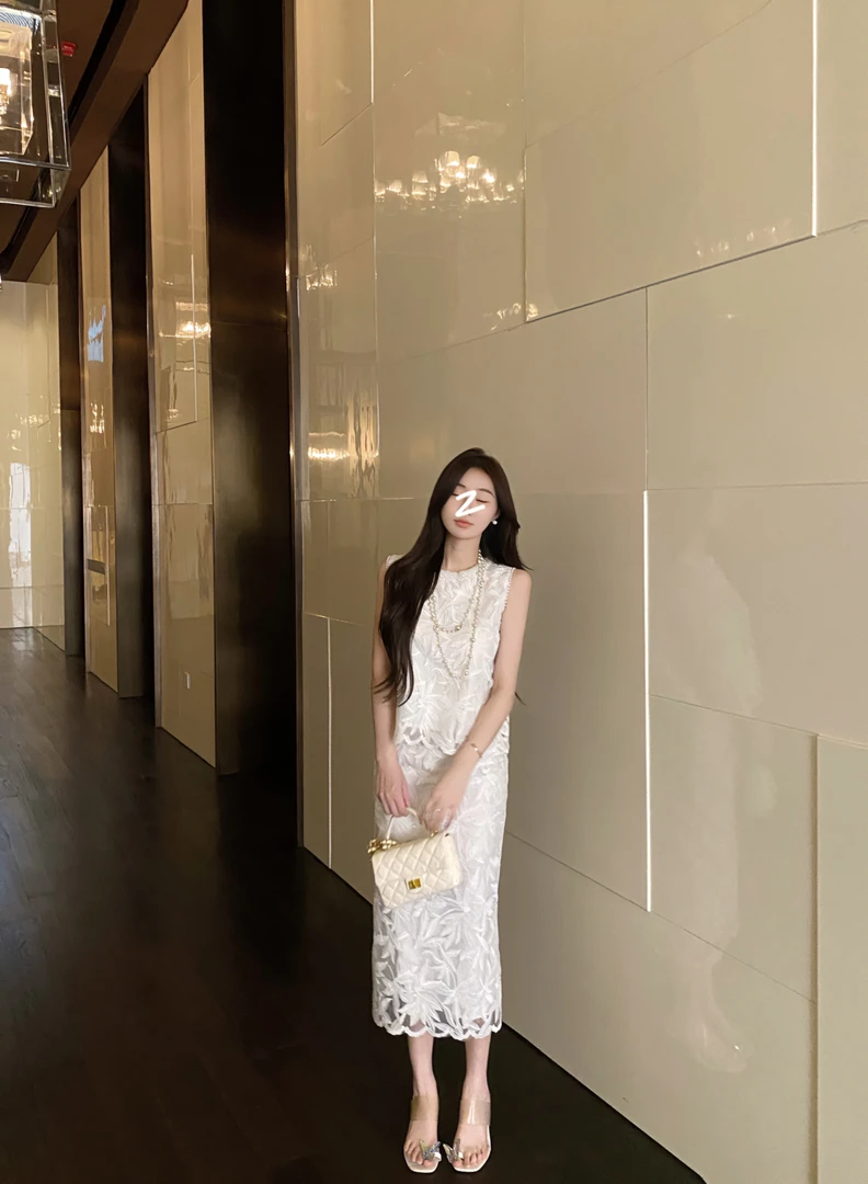 原创设计师蕾丝法式律政气质无袖裙子套装搭配纯色设计感女装白色