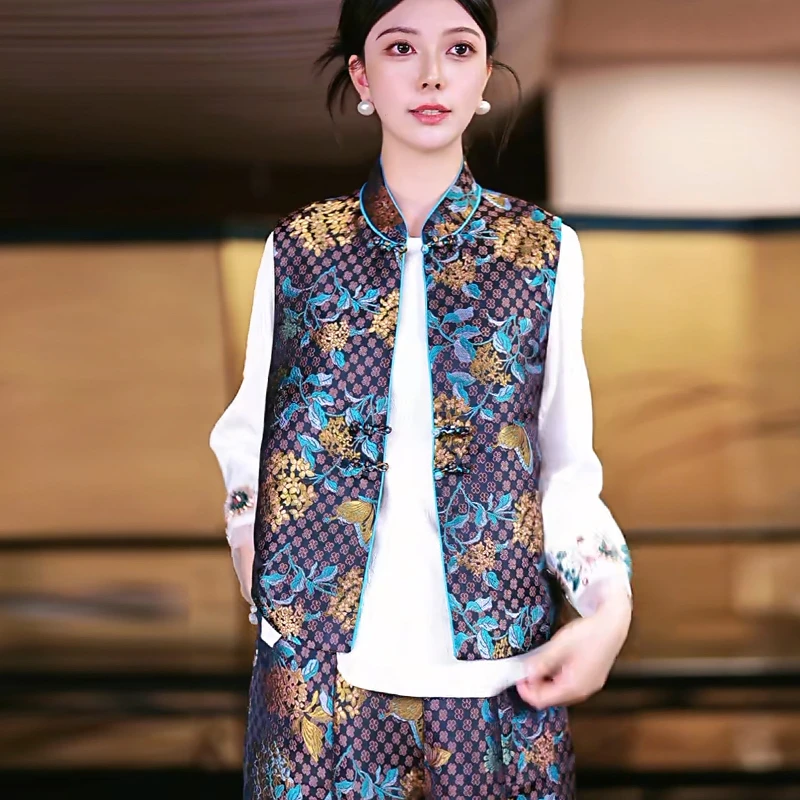 复古日记“无尽夏”织金宋锦提花中式马夹气球裤两件套25FE547