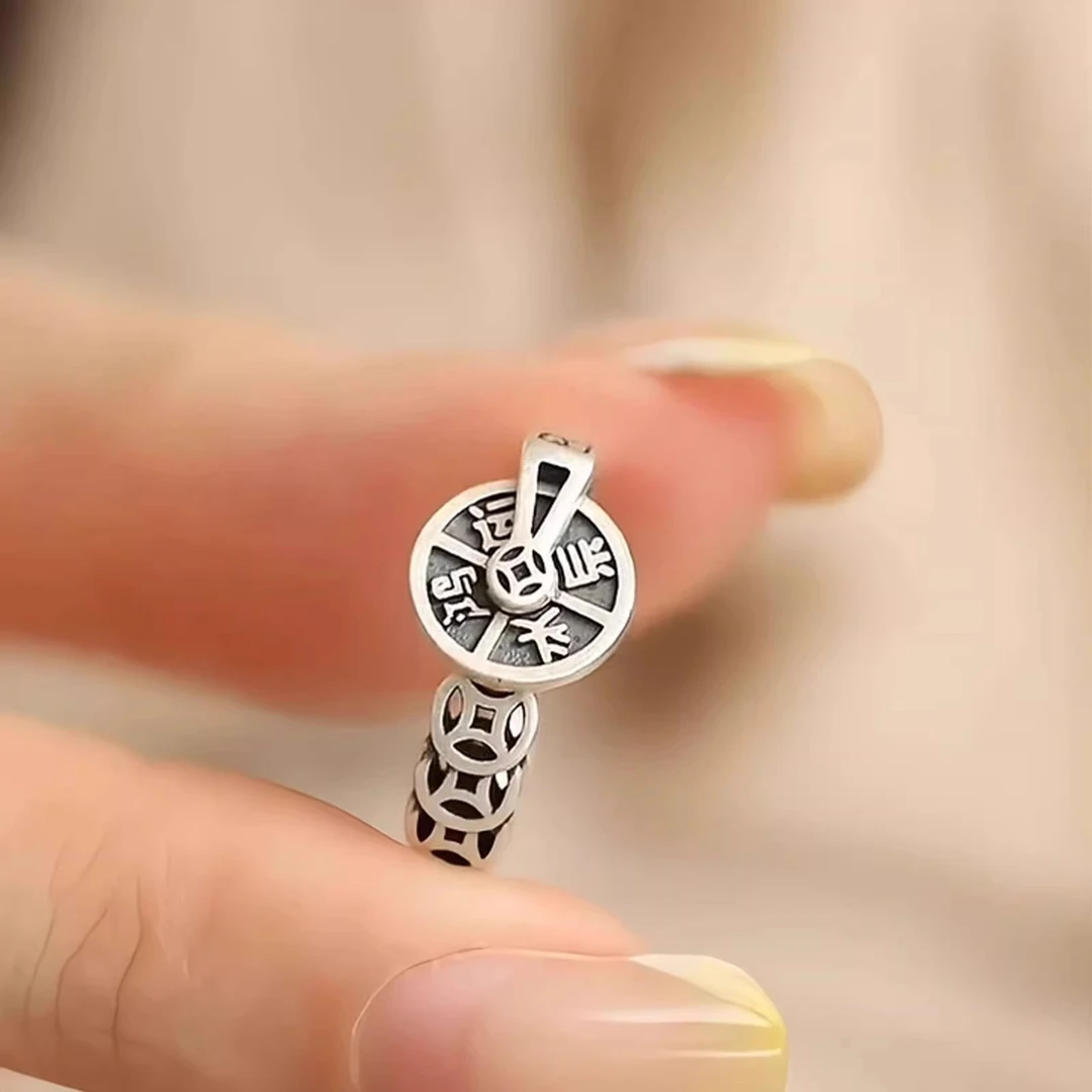 925银戒指 时来运转可旋转铜钱戒指复古做旧小众设计创意银镀饰品
