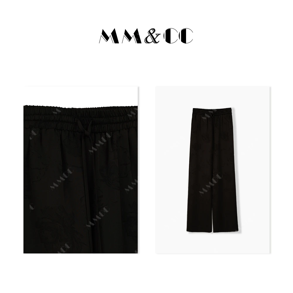 【百搭裤】仫赐新中式阔腿裤子女2025国风印花高腰直筒拖地裤F9185