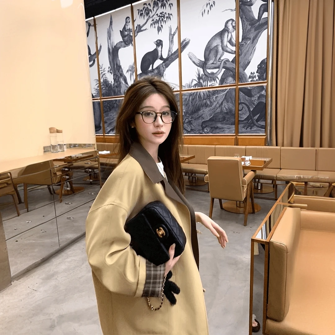 2025高级经典撞色风衣外套廓形显瘦宽松英伦风大衣