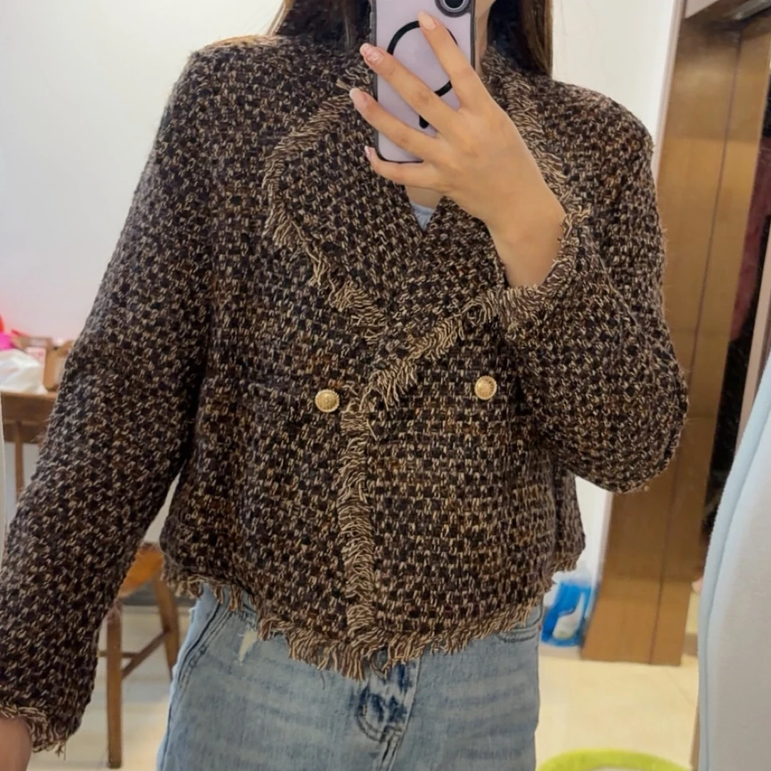 女常规款短外套流苏小香外套长袖千鸟格秋冬短款