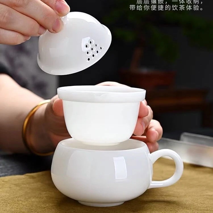 德艺 L508高档冰种璞玉瓷纯白色茶咖杯一壶一杯便携配礼包约180ml