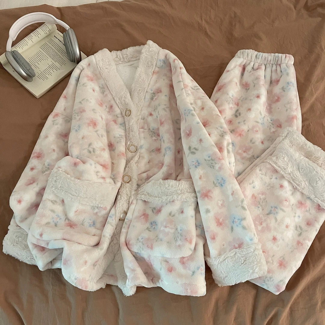韩系ins风睡衣女冬季粉色花朵法兰绒加厚保暖开衫休闲家居服套装