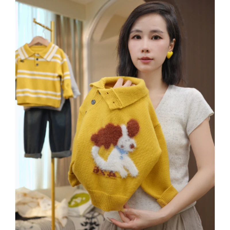 卡通小狗设计感秋季新款洋气男女童亲子斜襟套头针织衫