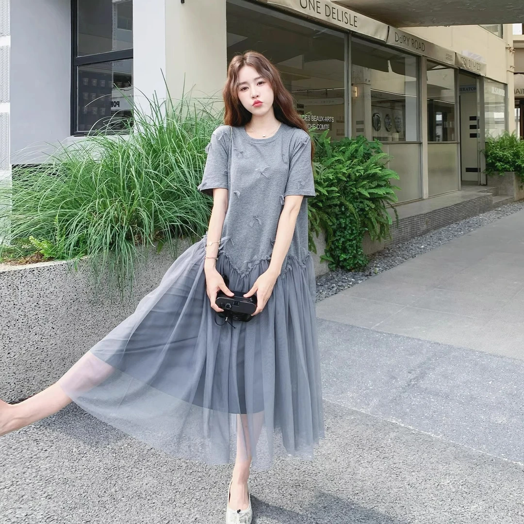 灰色超仙网纱拼接连衣裙女2025夏季新款气质立体蝴蝶结显瘦A字裙