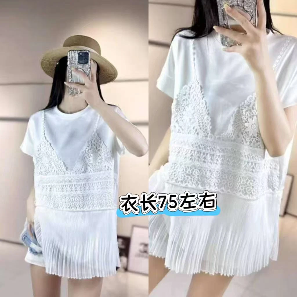 凤儿家-25086-1 蕾丝勾花吊带拼接褶皱半袖上衣