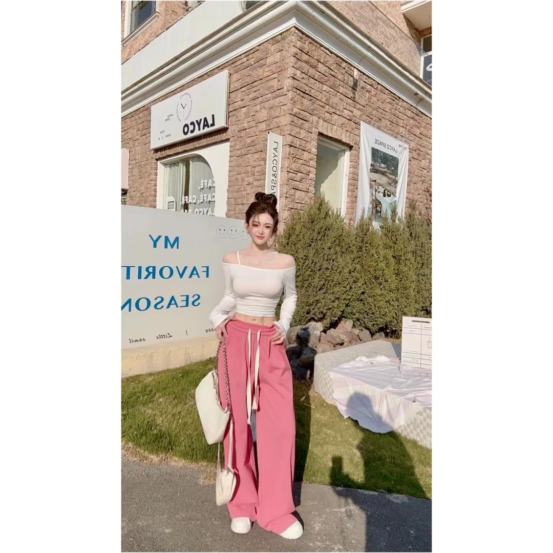 睿夕【休闲少女】抽绳运动裤女高腰显高宽松阔腿直筒休闲裤