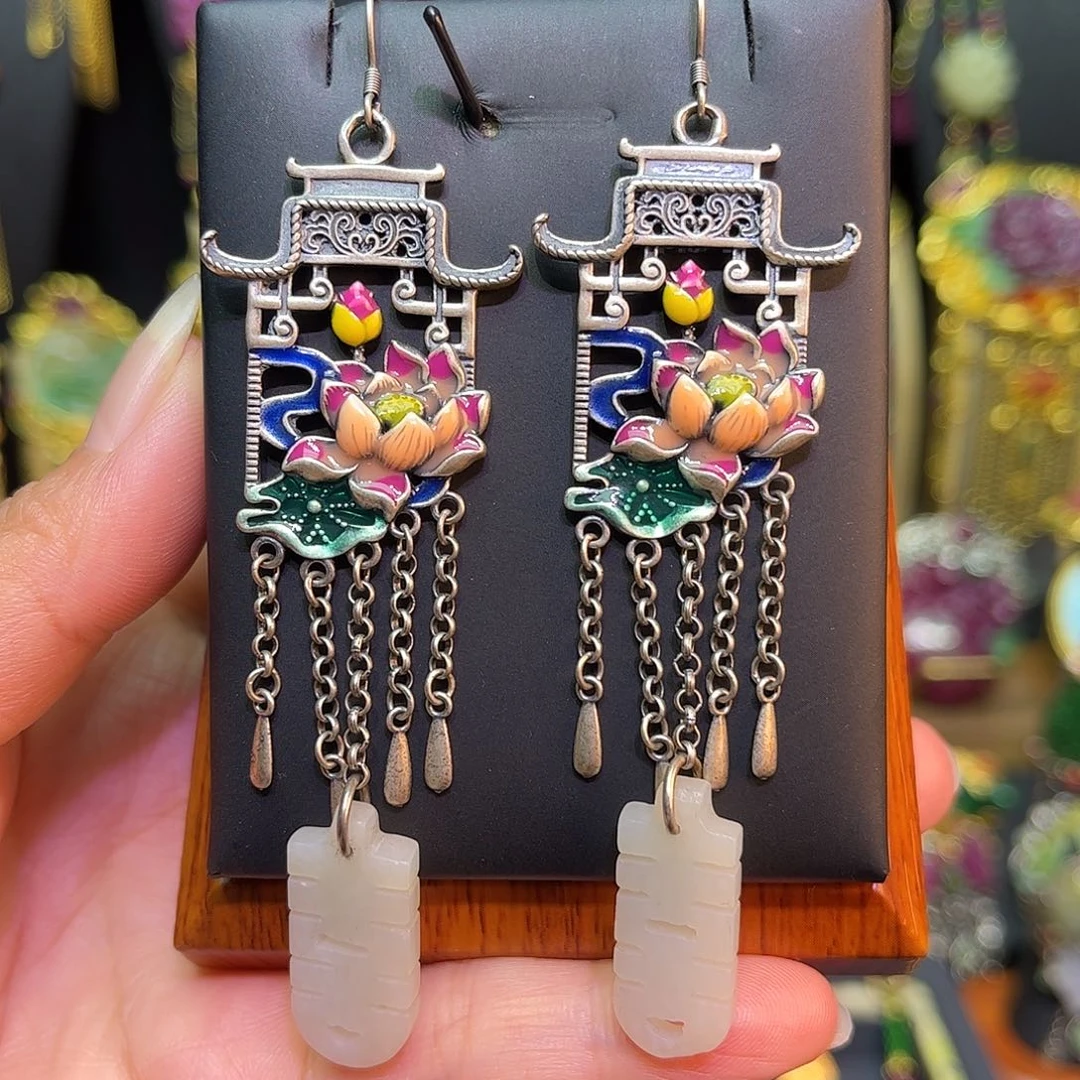 翡翠银S925镶嵌耳坠翡翠老银耳坠