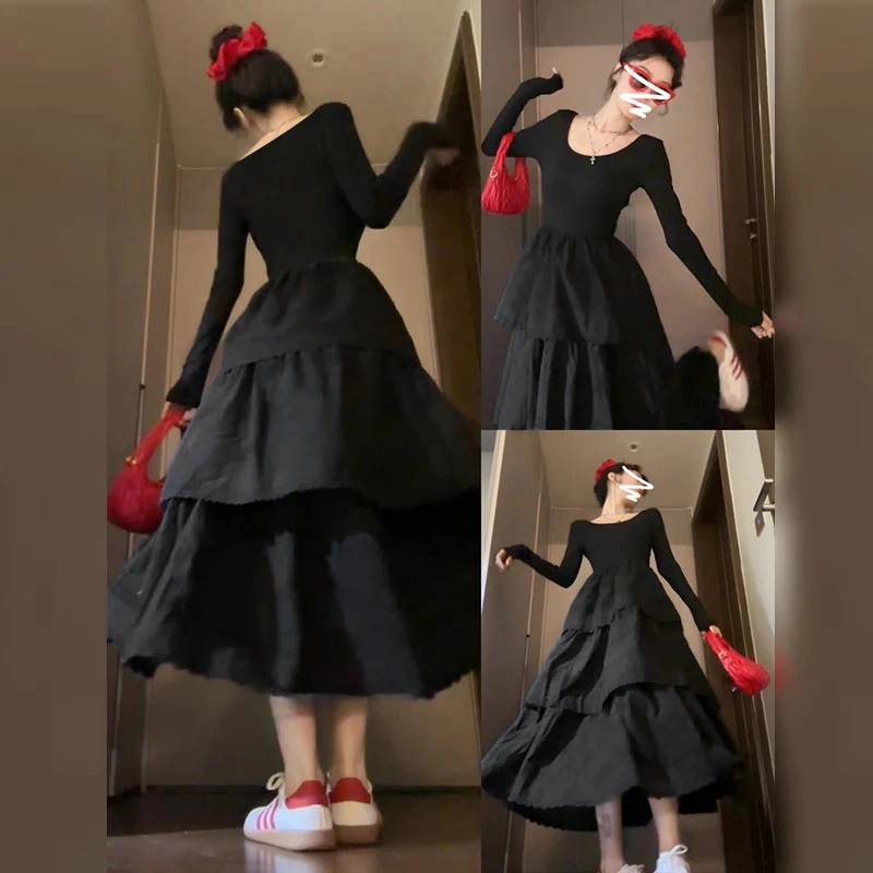 2025秋冬新款法式气质赫本风长袖连衣裙子女早春季高级感黑色长裙