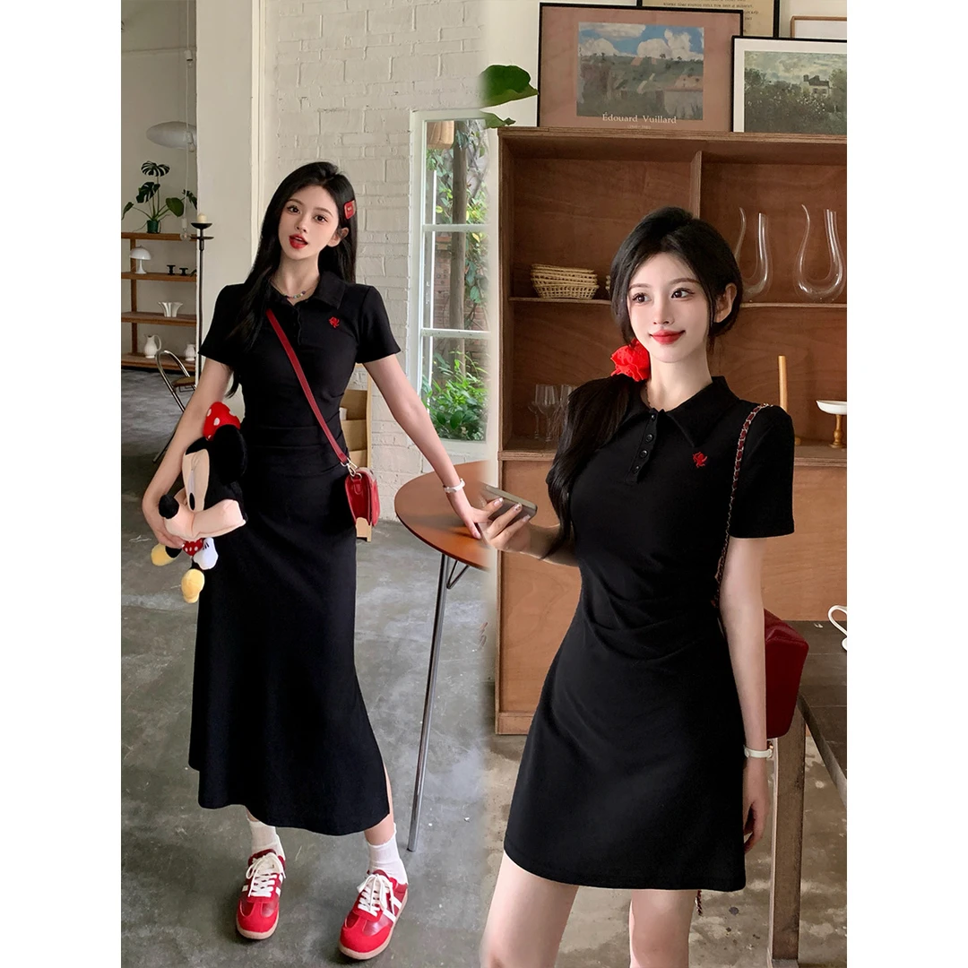 【清】2025大码伦敦早课学院风刺绣polo领短长款短袖连衣裙女-7219