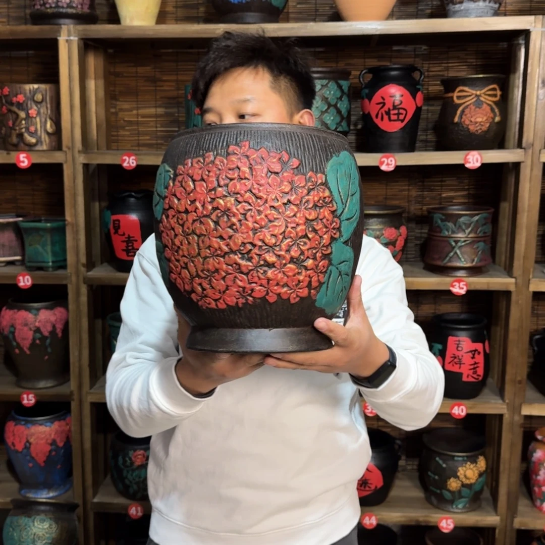 带孔高端浮雕花盆高度口径 26*23