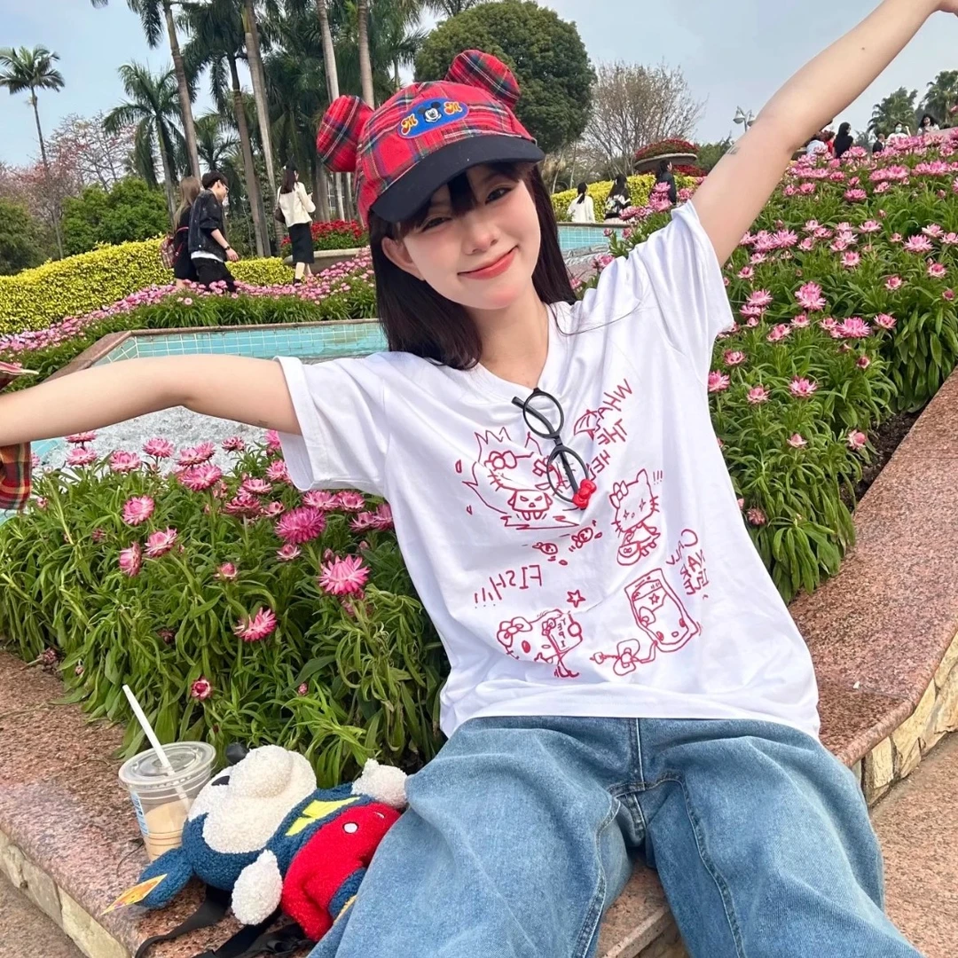 SLND 2025新款夏季恶搞凯蒂猫印宽松短袖女情侣T恤ins休闲上衣