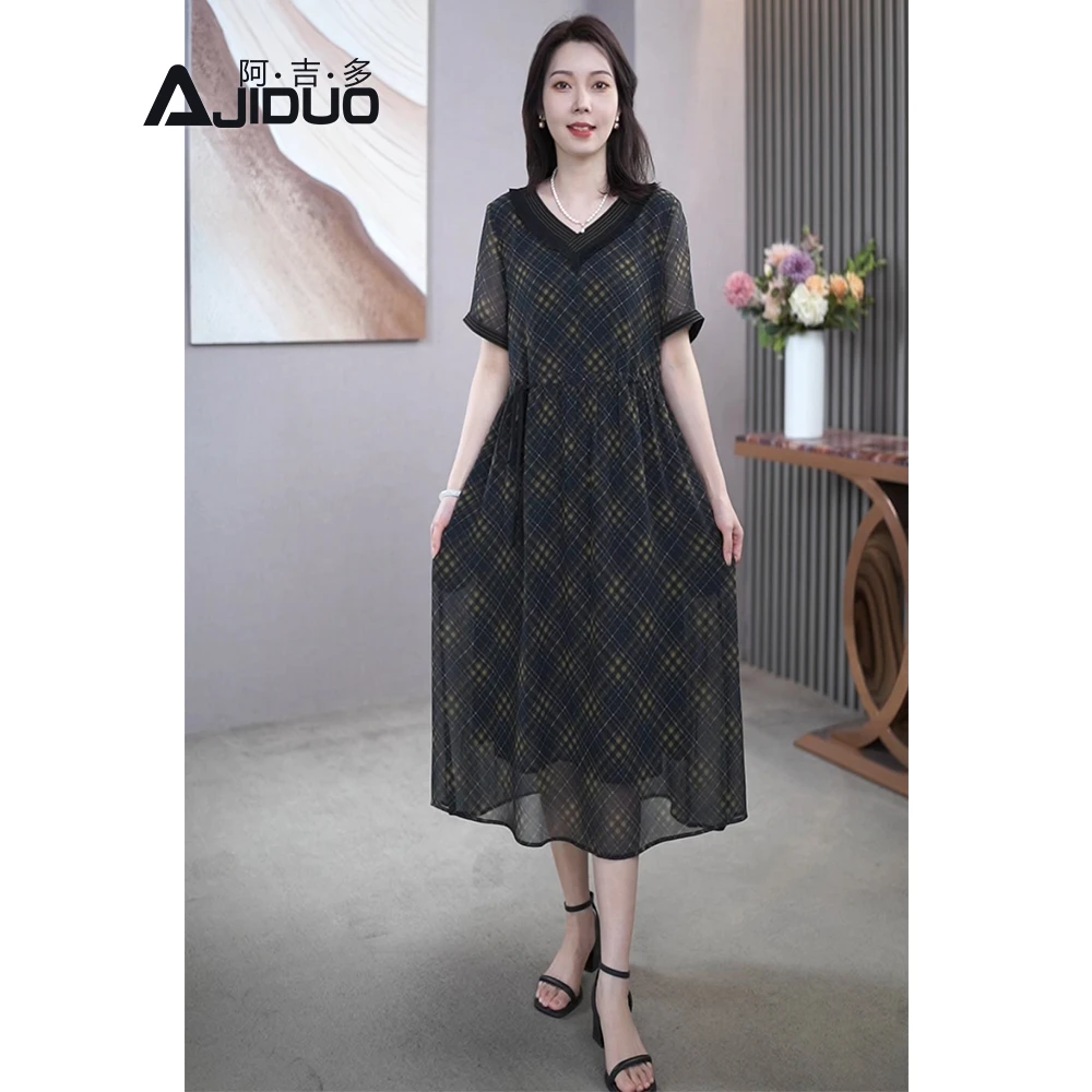 A22951大码复古格纹短袖连衣裙女夏季宽松洋气V领设计气质格子裙