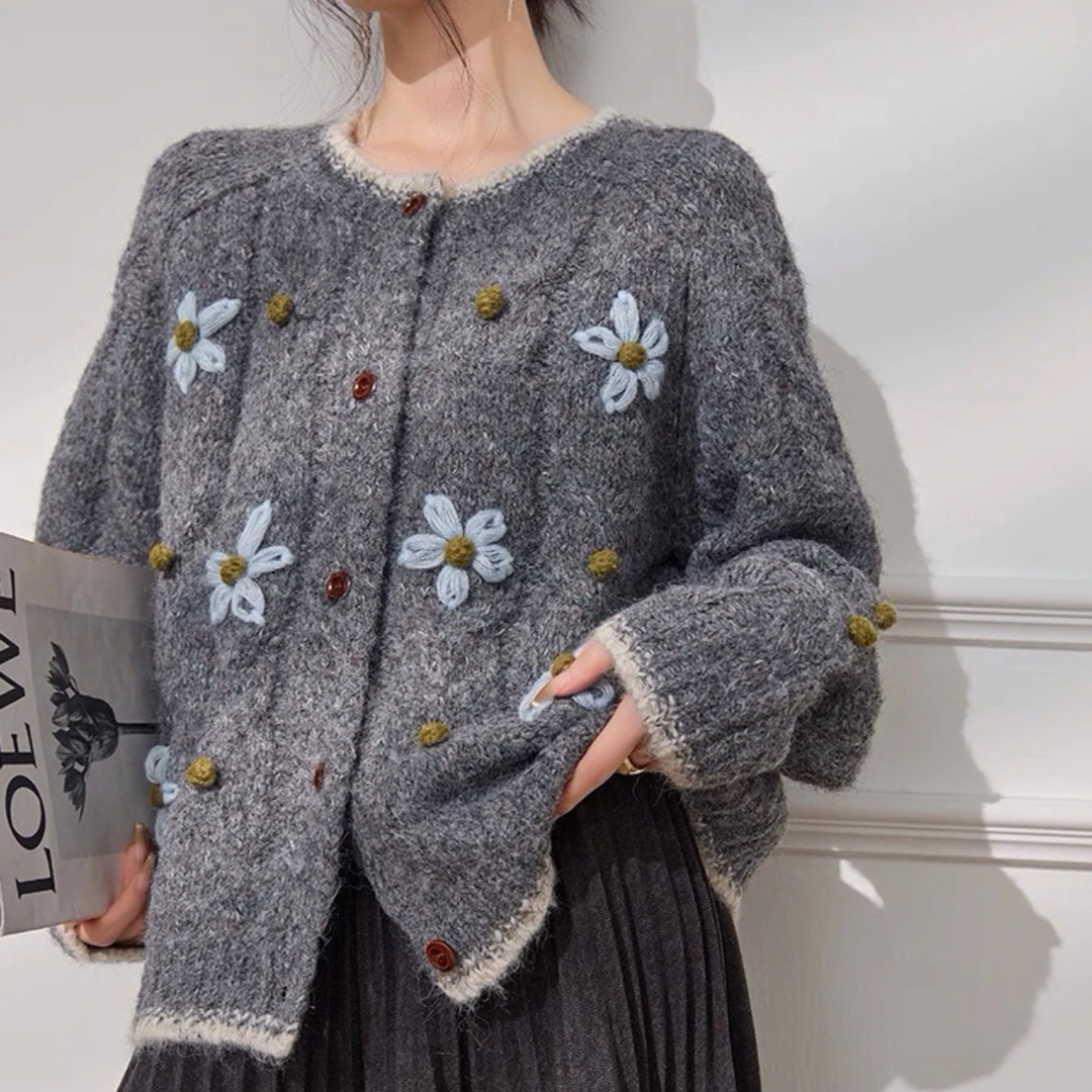 慵懒风羊驼绒花朵秋冬毛衣2025新款针织衫开衫外套温柔风韩系上衣