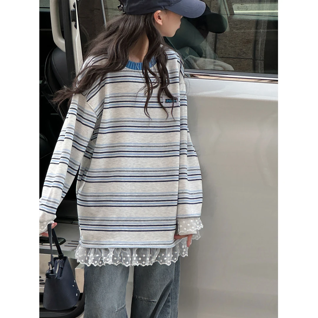 K29694孙小美撞色蕾丝女童秋装卫衣2025新款儿童条纹上衣春秋打底