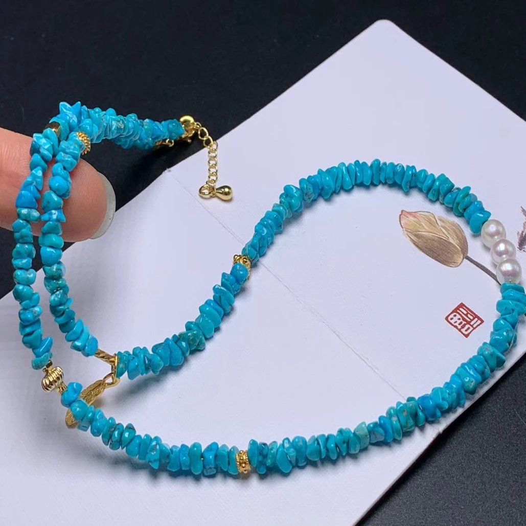 精美原矿高瓷高蓝绿松石随形锁骨链+手链，直径4-5mm，链长度42cm