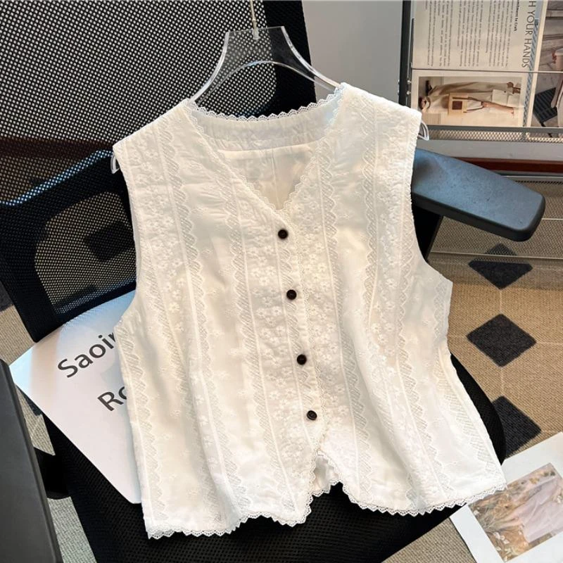 高级感蕾丝刺绣v领背心马甲女夏季2025新款气质无袖衬衫短款上衣