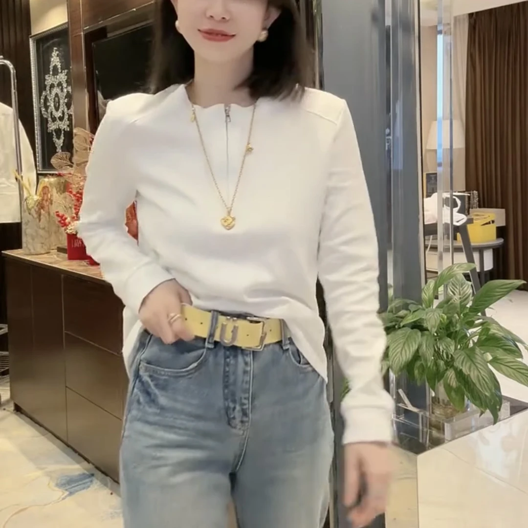 长袖网红拉链T恤修身型白色纯色圆领抗起球春季百搭修身