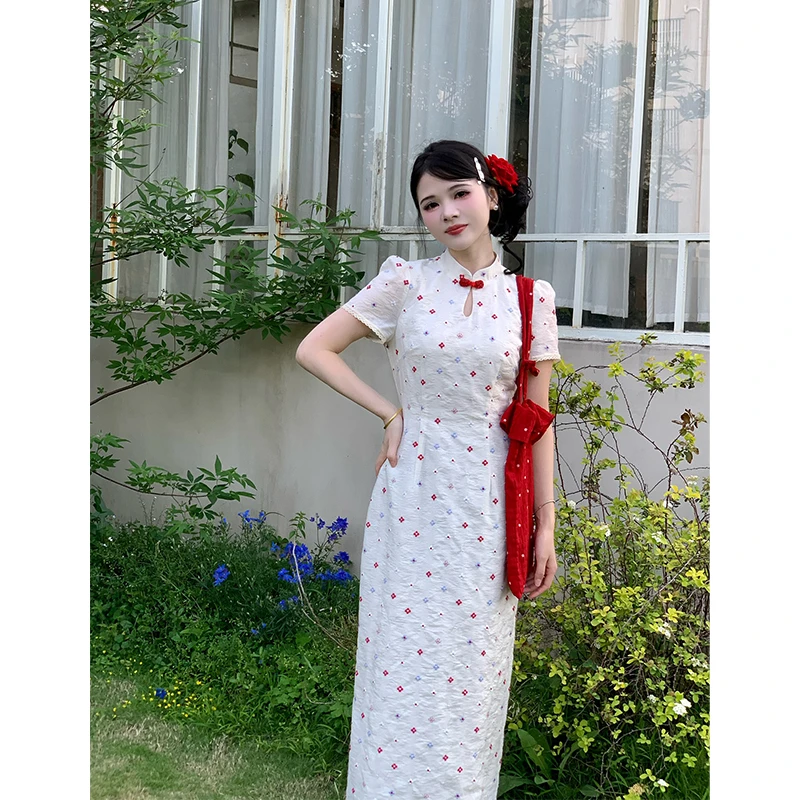 新中式国风改良旗袍连衣裙女夏收腰显瘦设计感碎花长裙 67228