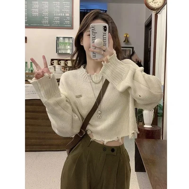 破洞短款毛边长袖毛衣女春秋新款设计感小众外穿针织上衣5楼