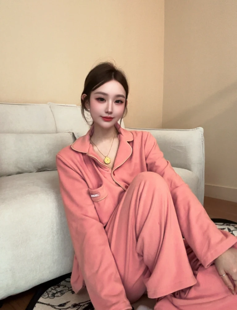 2025秋季款长袖长裤德绒纯色女睡衣