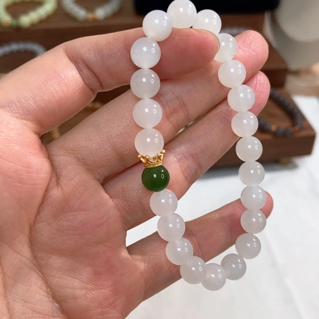 手链银S925镶嵌和田玉福利8mm白玉