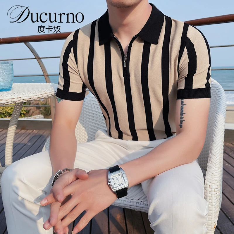 夏季新款韩版修身男士针织短袖polo衫型男轻奢宽条纹透气翻领T恤
