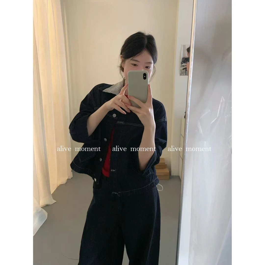 J-8101#ALIVE#越穿越爱~复古格子领可拆卸拼接牛仔外套(福利)