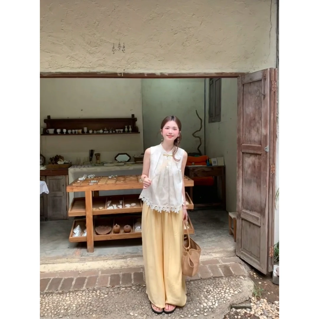 parkyeon设计感薄款显瘦休闲镂空上衣女国风新中式阔腿裤两件套