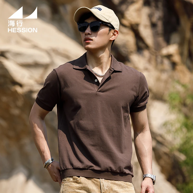 海行咖啡色纯棉修身短袖Polo衫男 2025年夏新款户外罗纹袖翻领T恤