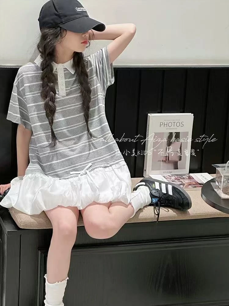 女夏季短袖A字裙条纹大码连衣裙公主裙甜辣风日奢风9199