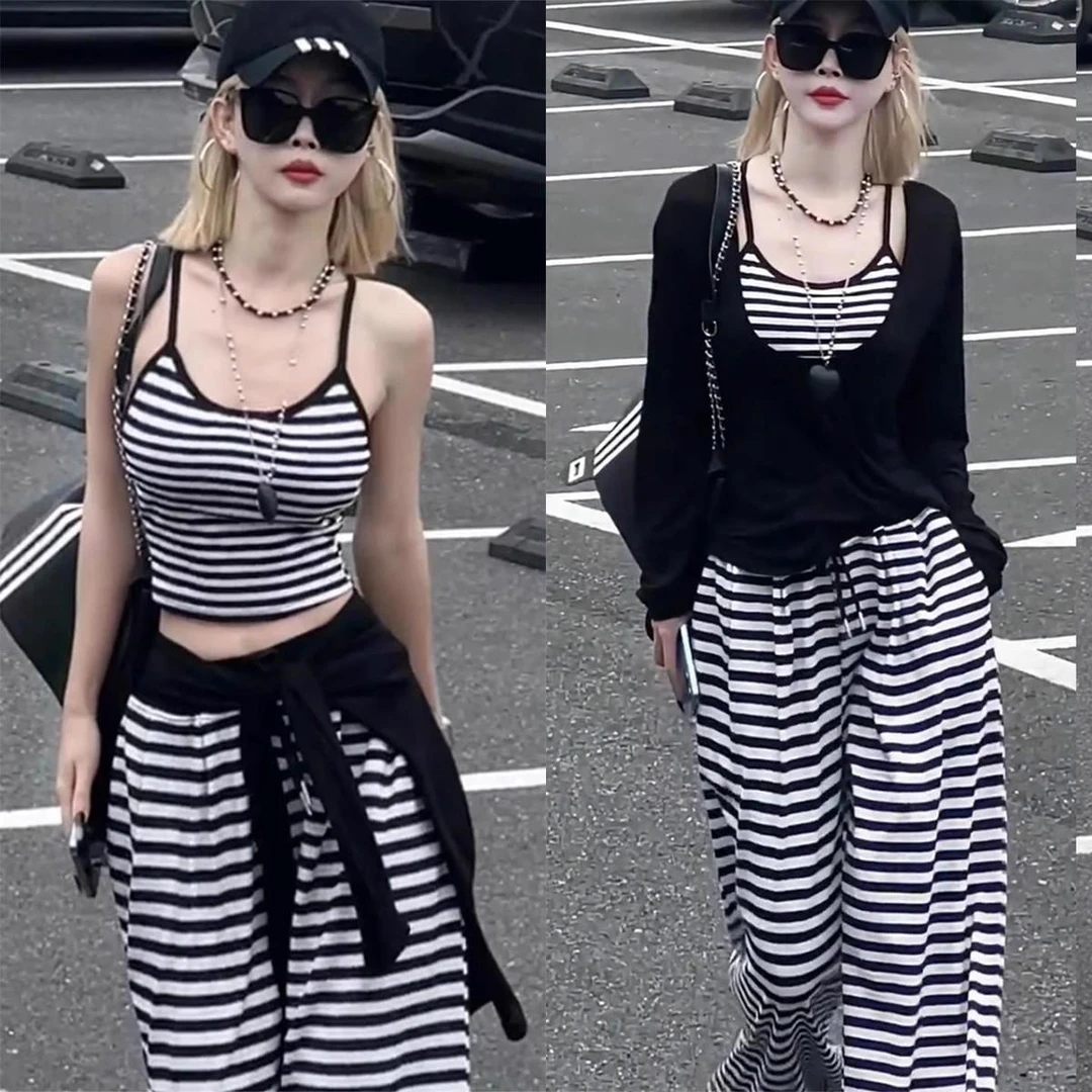 韩系穿搭辣妹套装女显瘦减龄洋气时尚条纹吊带阔腿裤防晒衫三件套