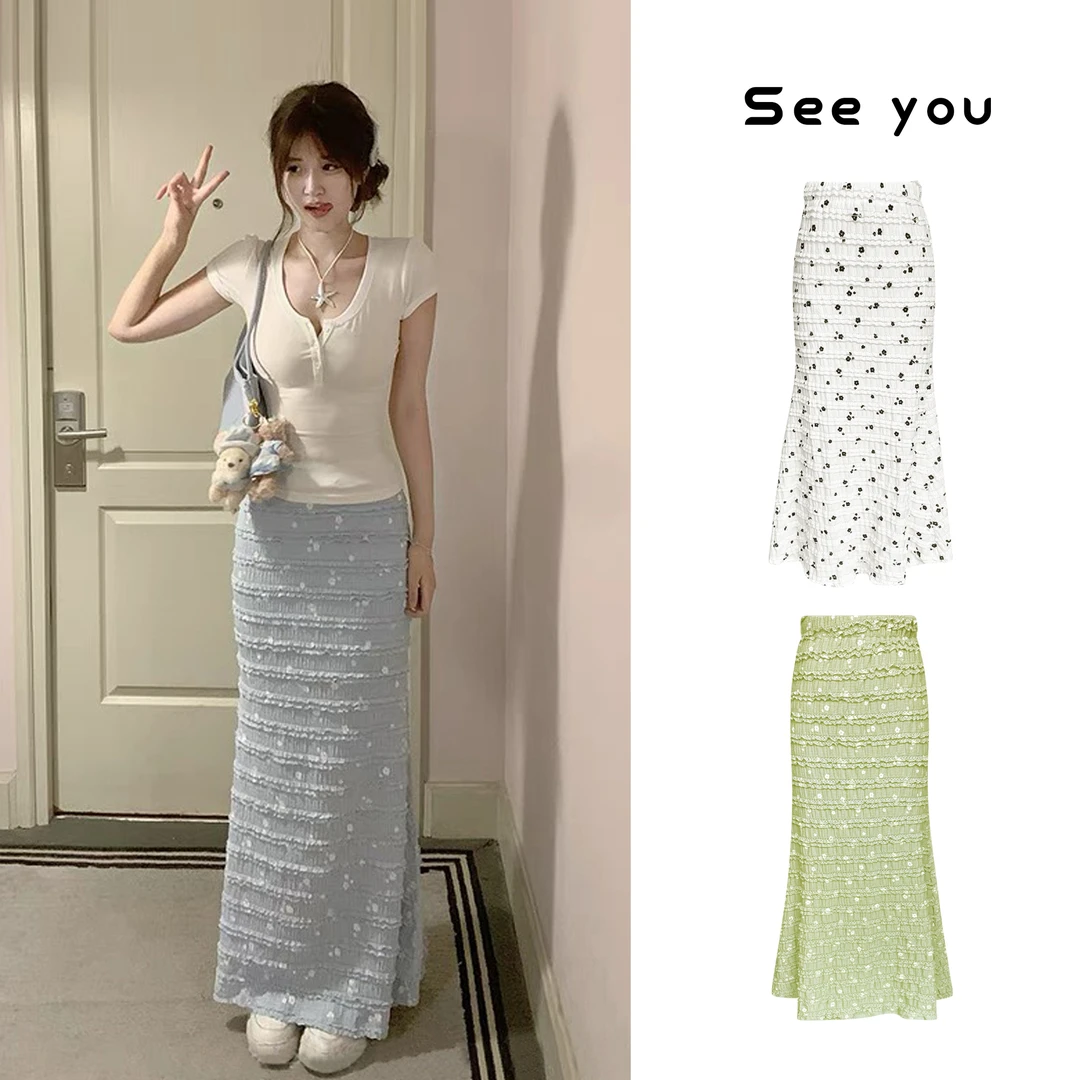 美式辣妹木耳边印花蕾丝碎花包臀裙+辣妹修身短款T恤X777+X3553