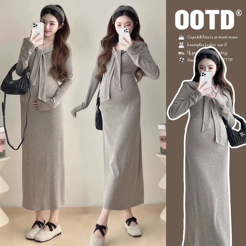 时髦孕妇秋装新款时尚韩版假两件气质显瘦系带披肩长袖辣妈连衣裙