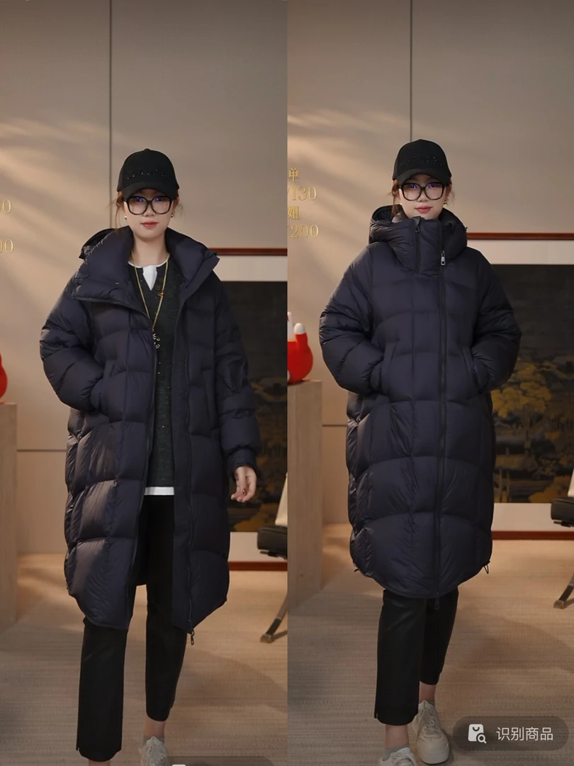 【花满林】连帽绗线填充物白鸭绒中长款羽绒服22531