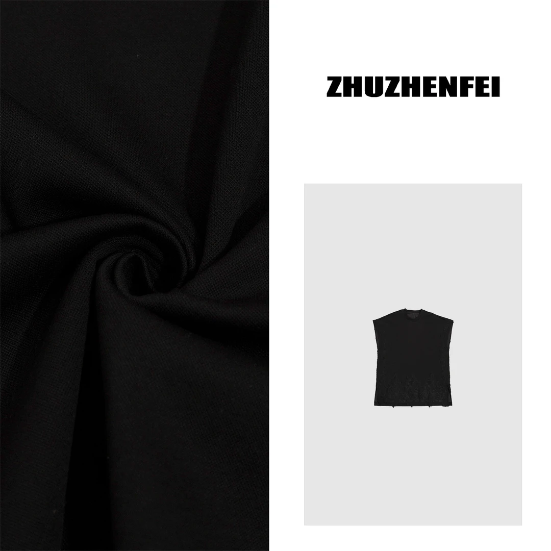 ZHUZHENFEI【蕾丝T】黑色无袖拼接蕾丝宽松百搭T恤Z352063