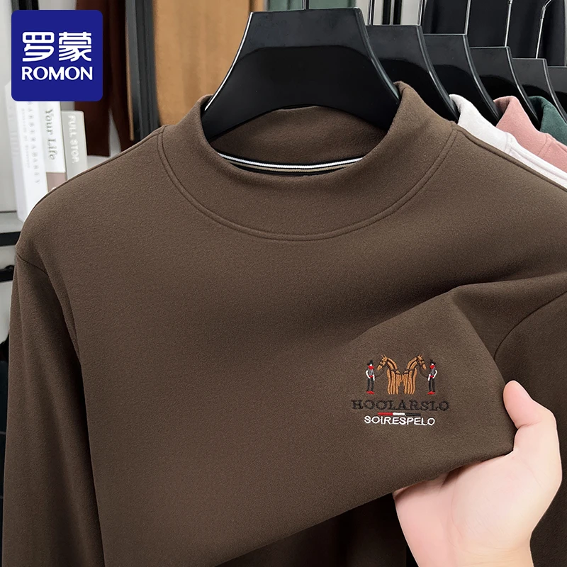 Romon/罗蒙秋冬季新款双面德绒长袖T恤男士半高领刺绣男装打底衫