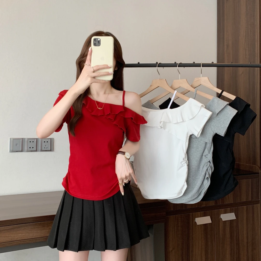 大码女装2025夏季新款时尚显瘦花边吊带性感收腰短袖T恤上衣2015