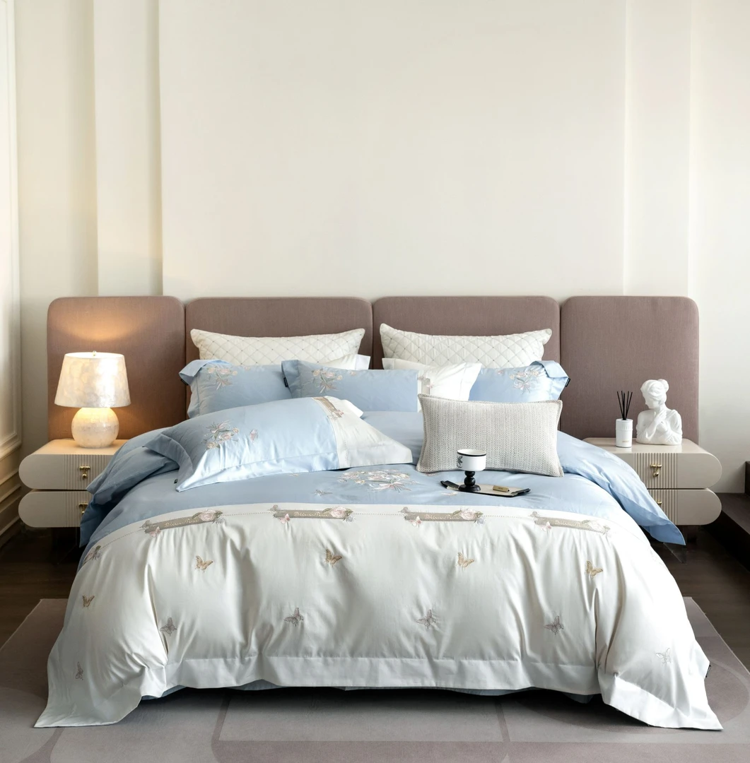 线下款全棉新疆棉法式精美玫瑰花卉刺绣四件套-蓝色- A L蝴蝶花语