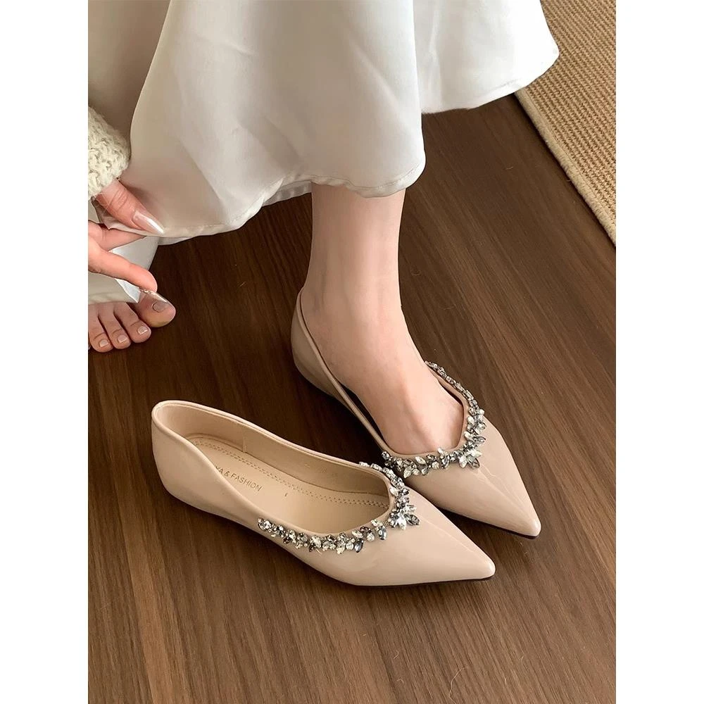 法式气质尖头水钻单鞋女新款夏平底鞋子内增高温柔浅口软底晚晚鞋