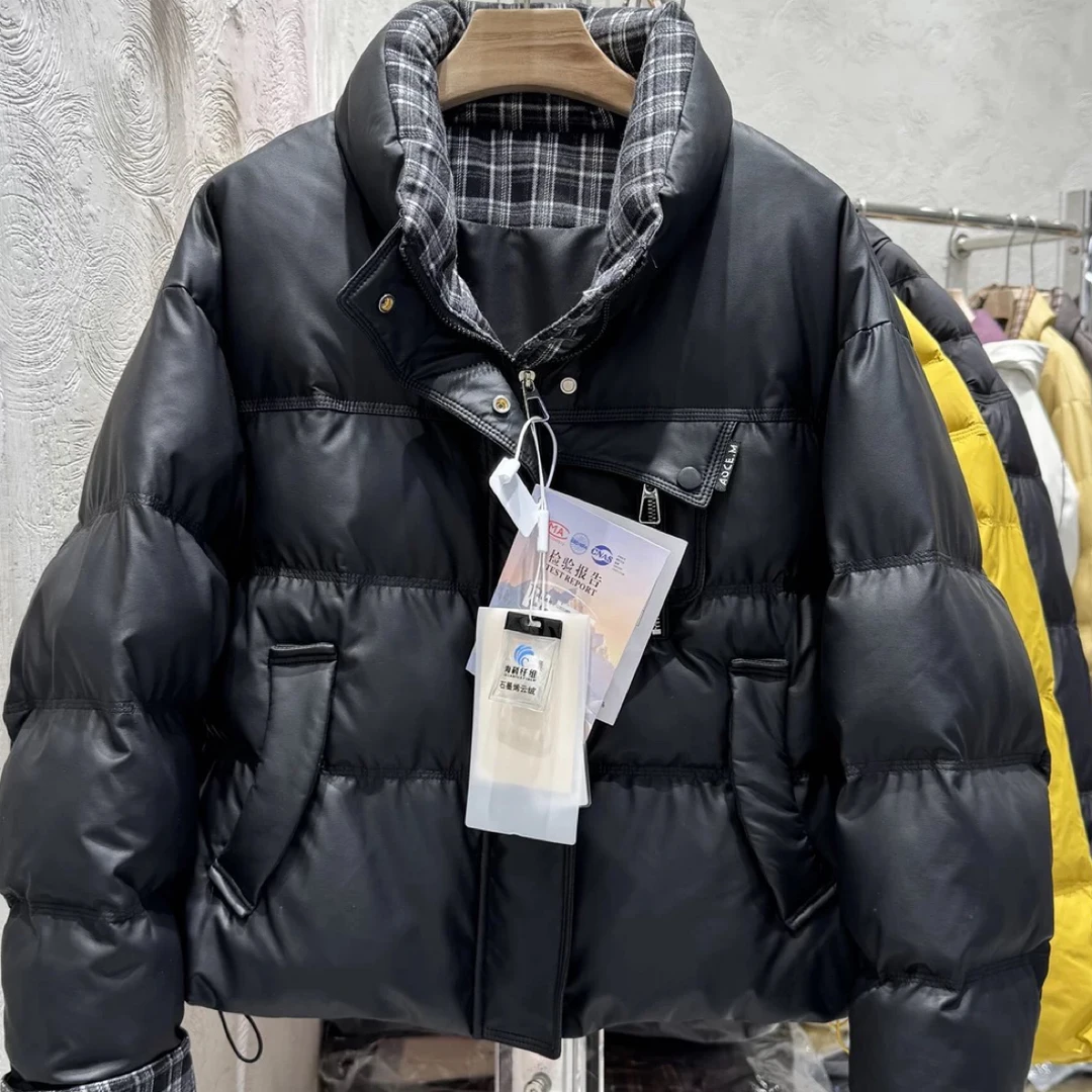 8802 复古格纹拼接PU皮短外套A12