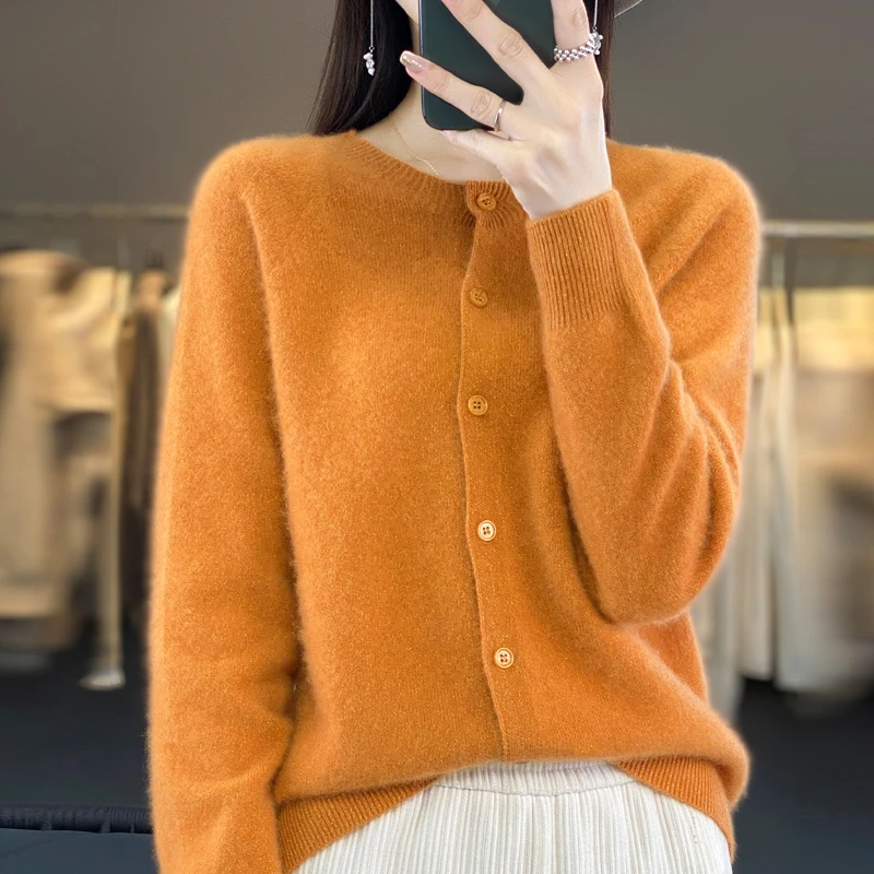 【一线成衣】圆领开衫女羊毛衫100%纯羊毛短款外套毛衣外搭衣针织衫