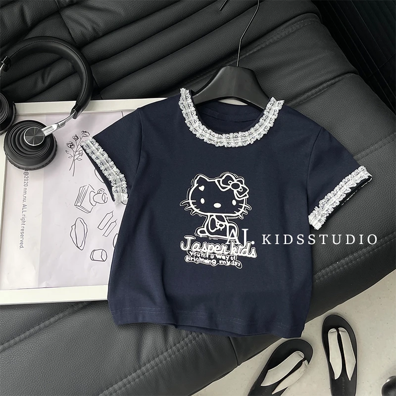 现【Kitty猫】阿卷夏装女童蕾丝花边可爱猫印花短袖T恤MPG6078