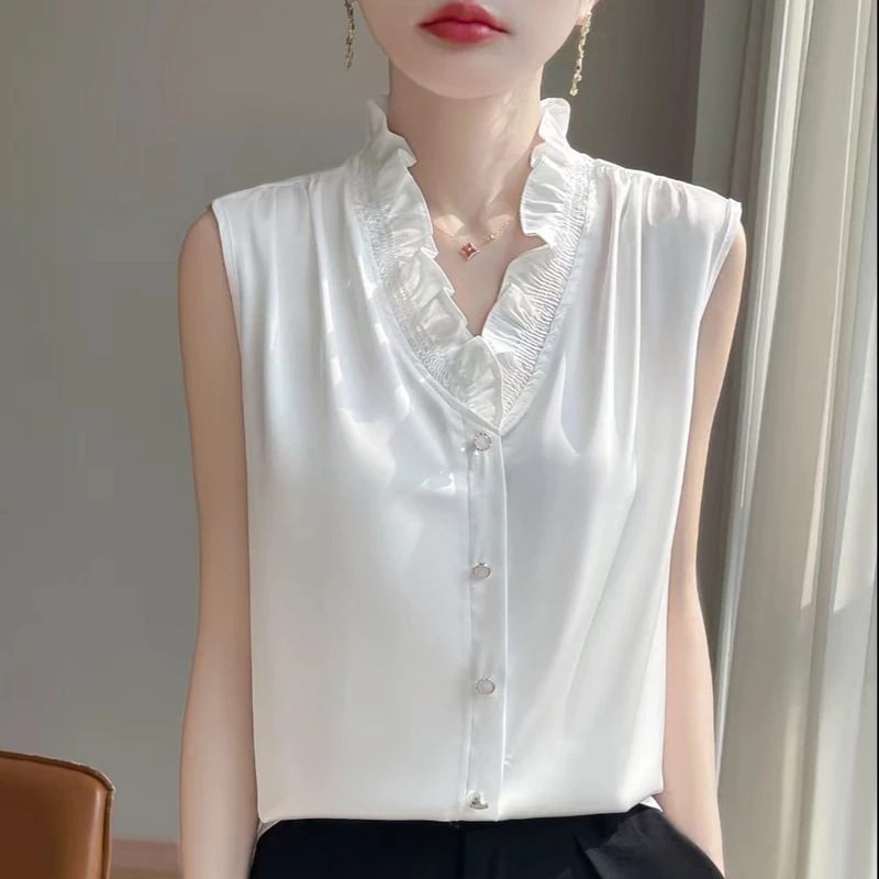 法式V领木耳花边丝滑桑蚕丝无袖衬衫气质内搭女叠穿背心2025新款