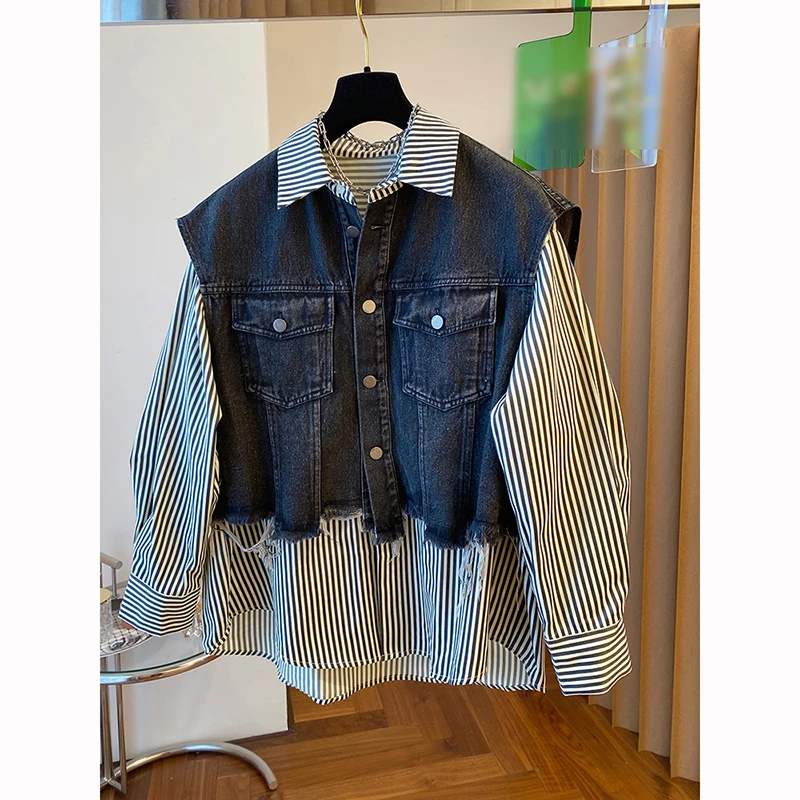 9101牛仔马甲拼接条纹衬衫女2025春秋季新款设计感假两件衬衣外套