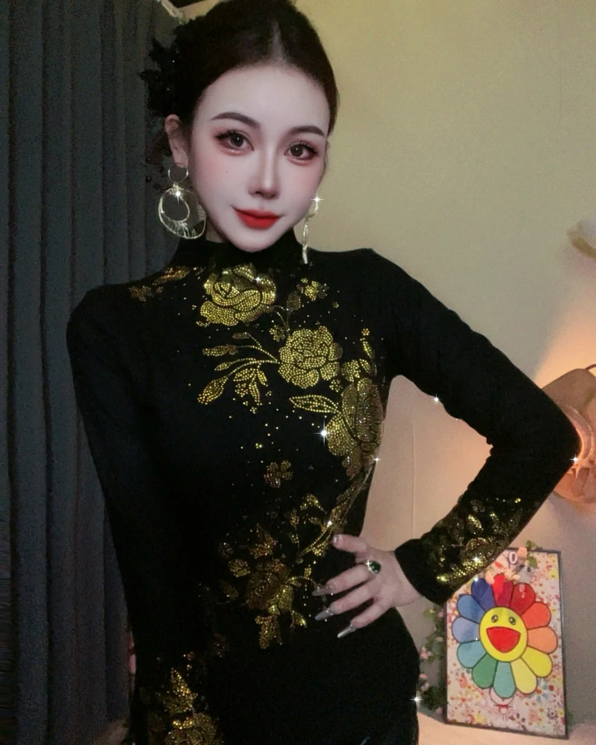 【网红爆款804#双色加绒】打底衫女内搭秋冬时尚烫钻上衣修身显瘦
