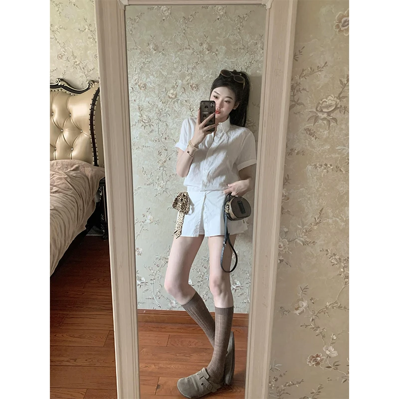 温婉大方衣服短袖Polo领衬衫上衣女简约百搭高腰显瘦半身裤裙套装