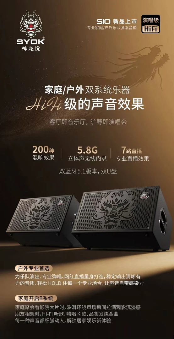 SYOK神龙S10大功率专业舞台级户外弹唱直播防啸叫无线蓝牙音响